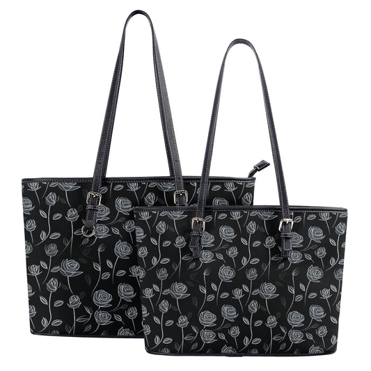 Contrasting Elegance: White Outlined Roses on a Black Background Professional Tote Bag Faux Leather (PU) - 2 Sizes