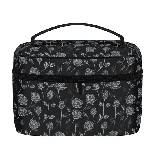 Contrasting Elegance: White Outlined Roses on a Black Background - Cosmetic or Toiletry Bag Faux Leather (PU)