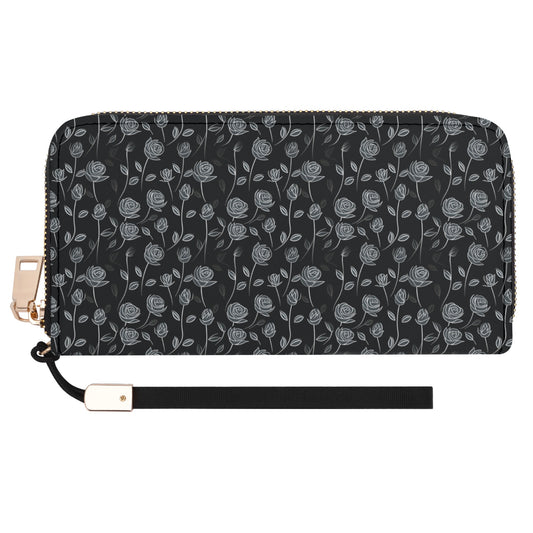 Contrasting Elegance: White Outlined Roses on a Black Background - Wristlet Wallet Leather (PU)