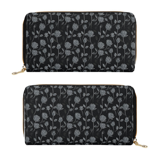 Contrasting Elegance: White Outlined Roses on a Black Background Leather Wallet (PU)