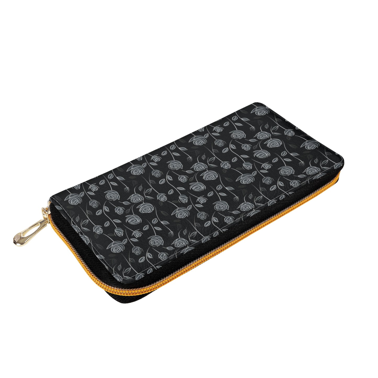 Contrasting Elegance: White Outlined Roses on a Black Background Leather Wallet (PU)