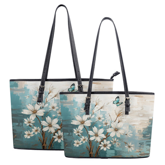 Rustic Farmhouse White and Teal Wild Daisies and Butterflies Professional Tote Bag Faux Leather (PU) - 2 Sizes