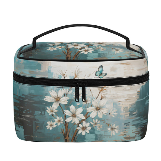 Rustic Farmhouse White and Teal Wild Daisies and Butterflies - Cosmetic or Toiletry Bag Faux Leather (PU)