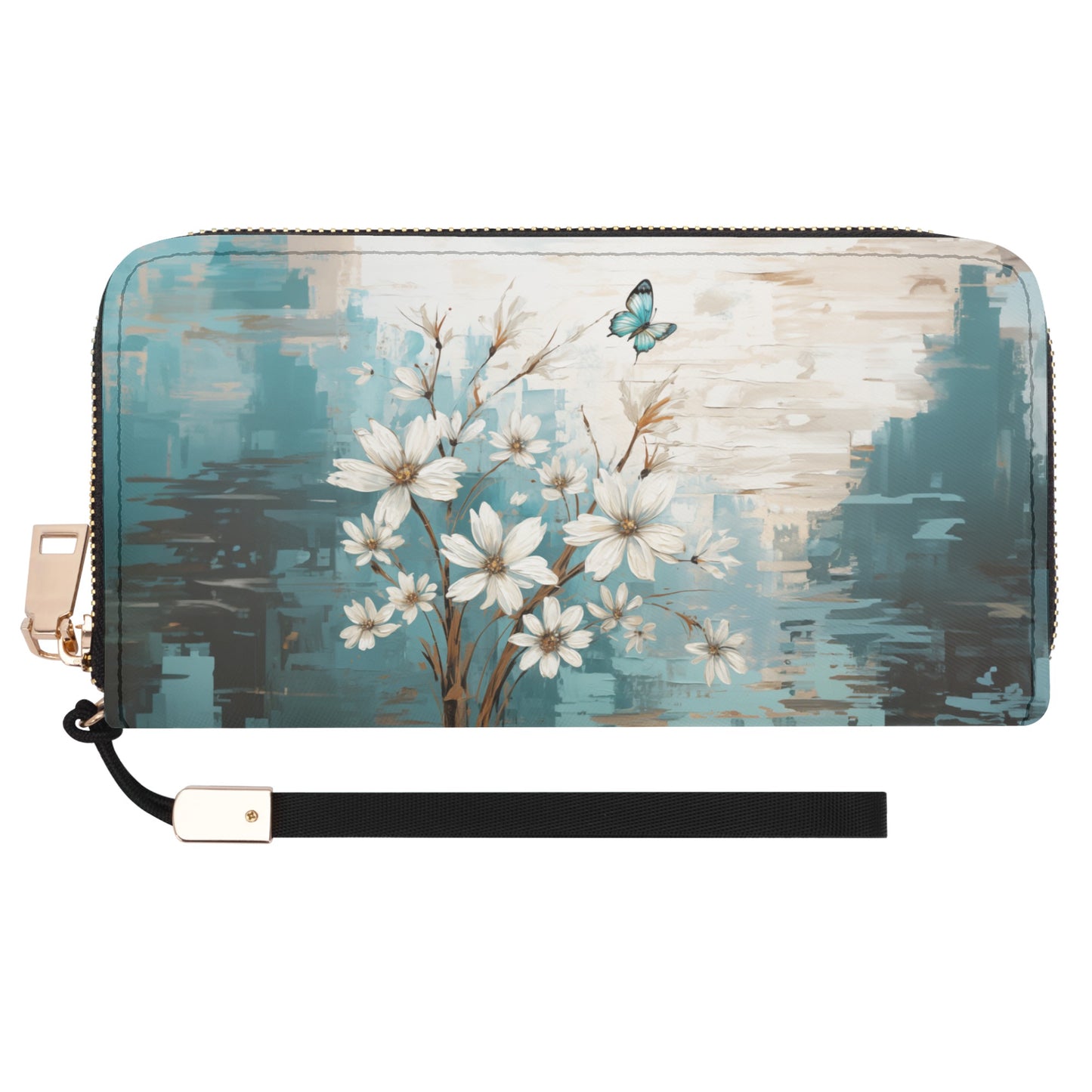 Rustic Farmhouse White and Teal Wild Daisies and Butterflies - Wristlet Wallet Leather (PU)