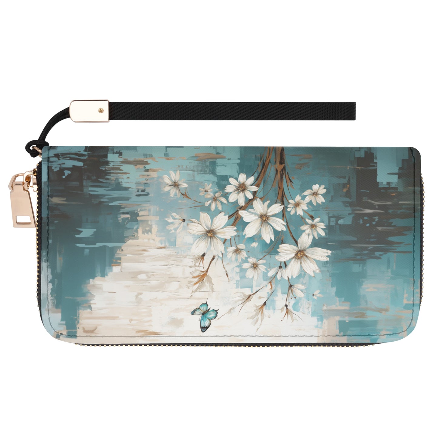 Rustic Farmhouse White and Teal Wild Daisies and Butterflies - Wristlet Wallet Leather (PU)