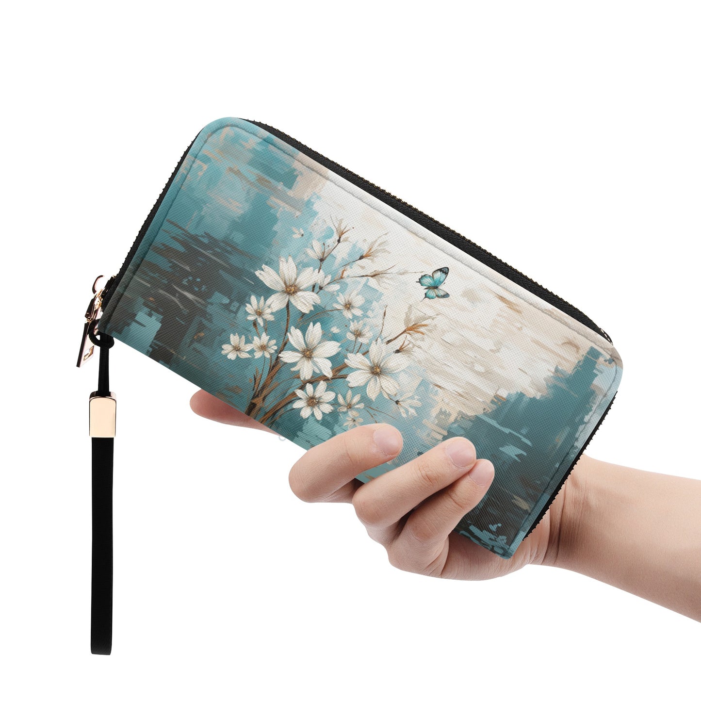 Rustic Farmhouse White and Teal Wild Daisies and Butterflies - Wristlet Wallet Leather (PU)