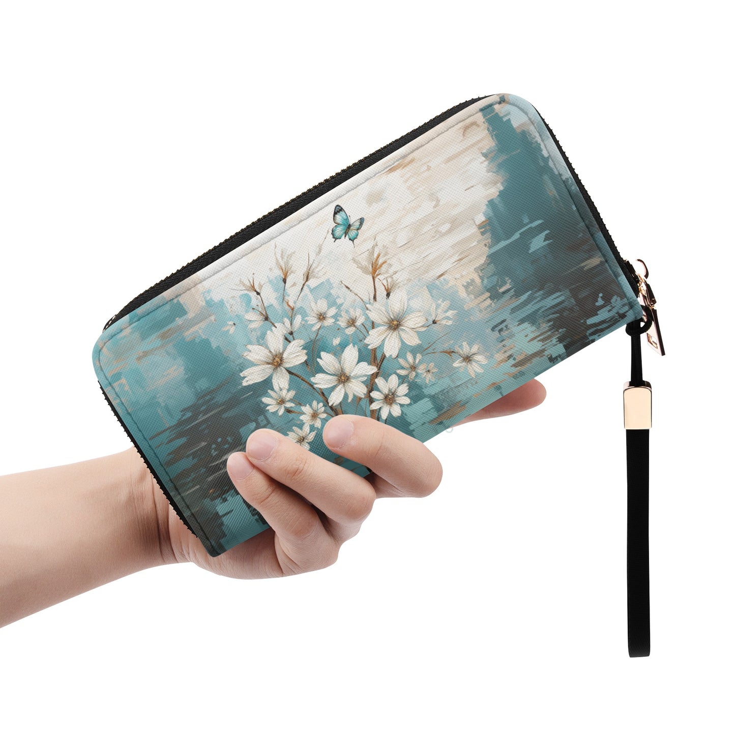 Rustic Farmhouse White and Teal Wild Daisies and Butterflies - Wristlet Wallet Leather (PU)