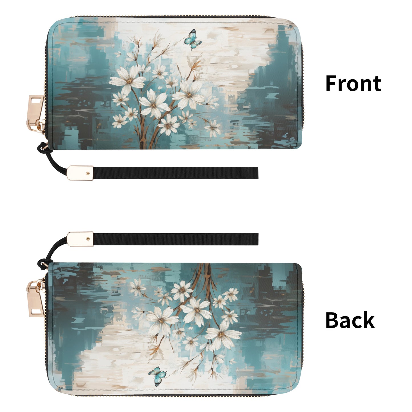 Rustic Farmhouse White and Teal Wild Daisies and Butterflies - Wristlet Wallet Leather (PU)