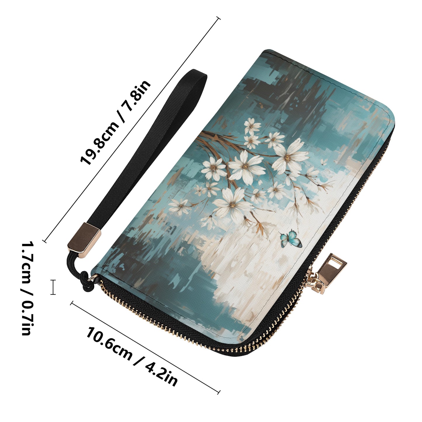 Rustic Farmhouse White and Teal Wild Daisies and Butterflies - Wristlet Wallet Leather (PU)