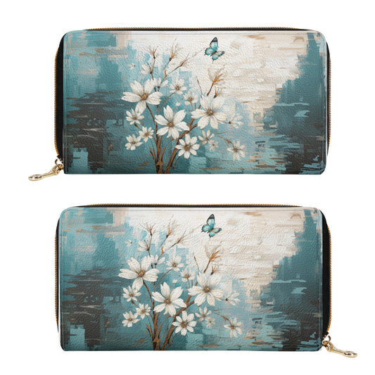 Rustic Farmhouse White and Teal Wild Daisies and Butterflies Leather Wallet (PU)