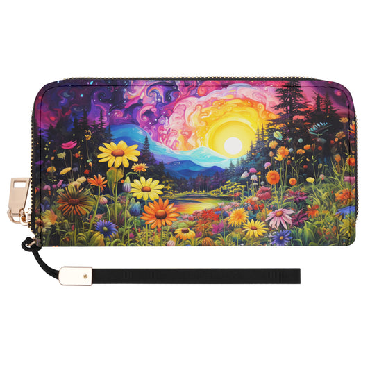 Enchanting Sunrise Over a Whimsical Field of Wildflowers - Wristlet Wallet Leather (PU)