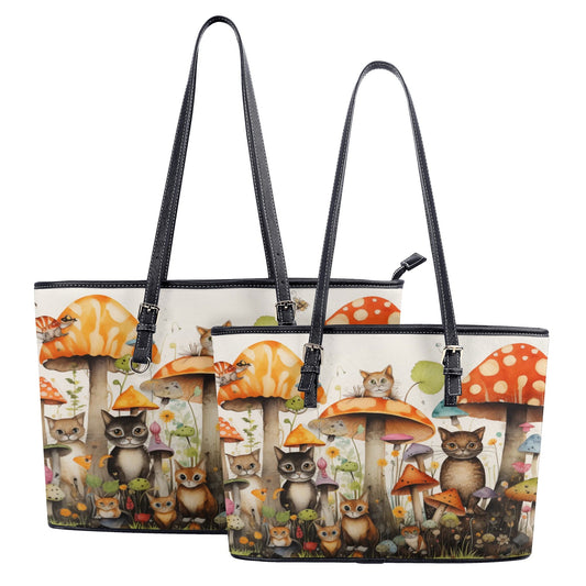 Cats Lounging in a Tranquil Mushroom and Flower Garden Professional Tote Bag Faux Leather (PU) - 2 Sizes