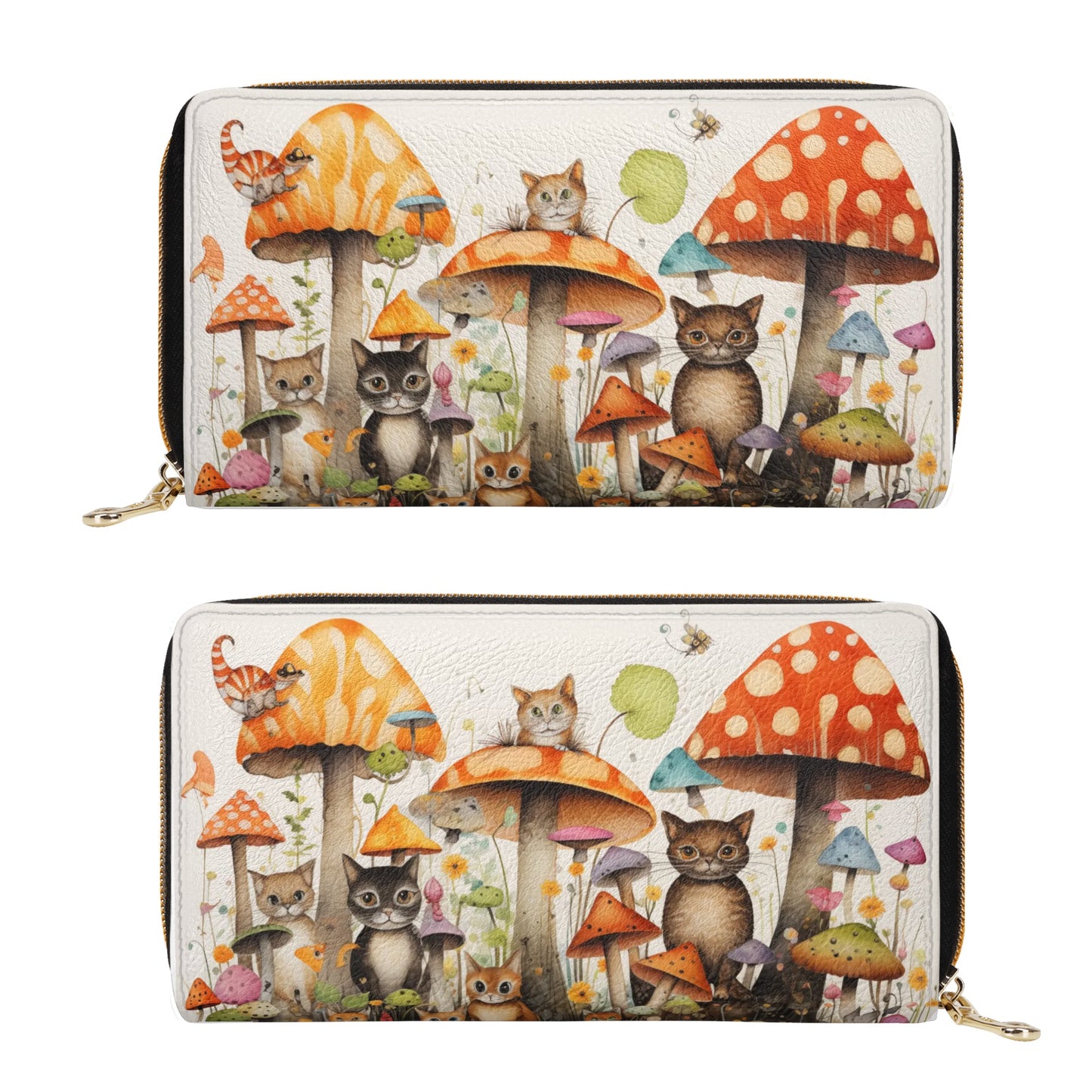 Cats Lounging in a Tranquil Mushroom and Flower Garden Leather Wallet (PU)