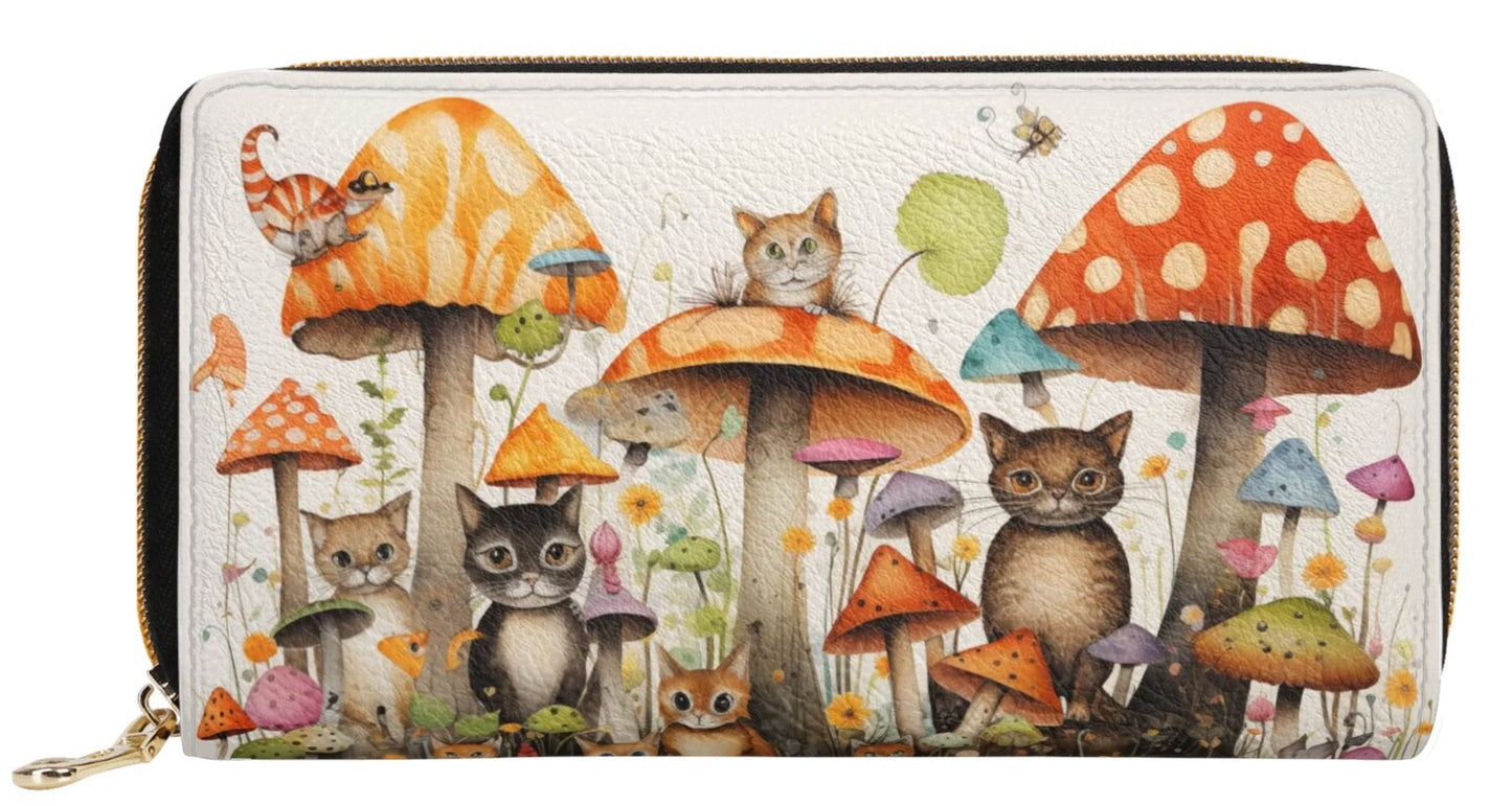 Cats Lounging in a Tranquil Mushroom and Flower Garden Leather Wallet (PU)