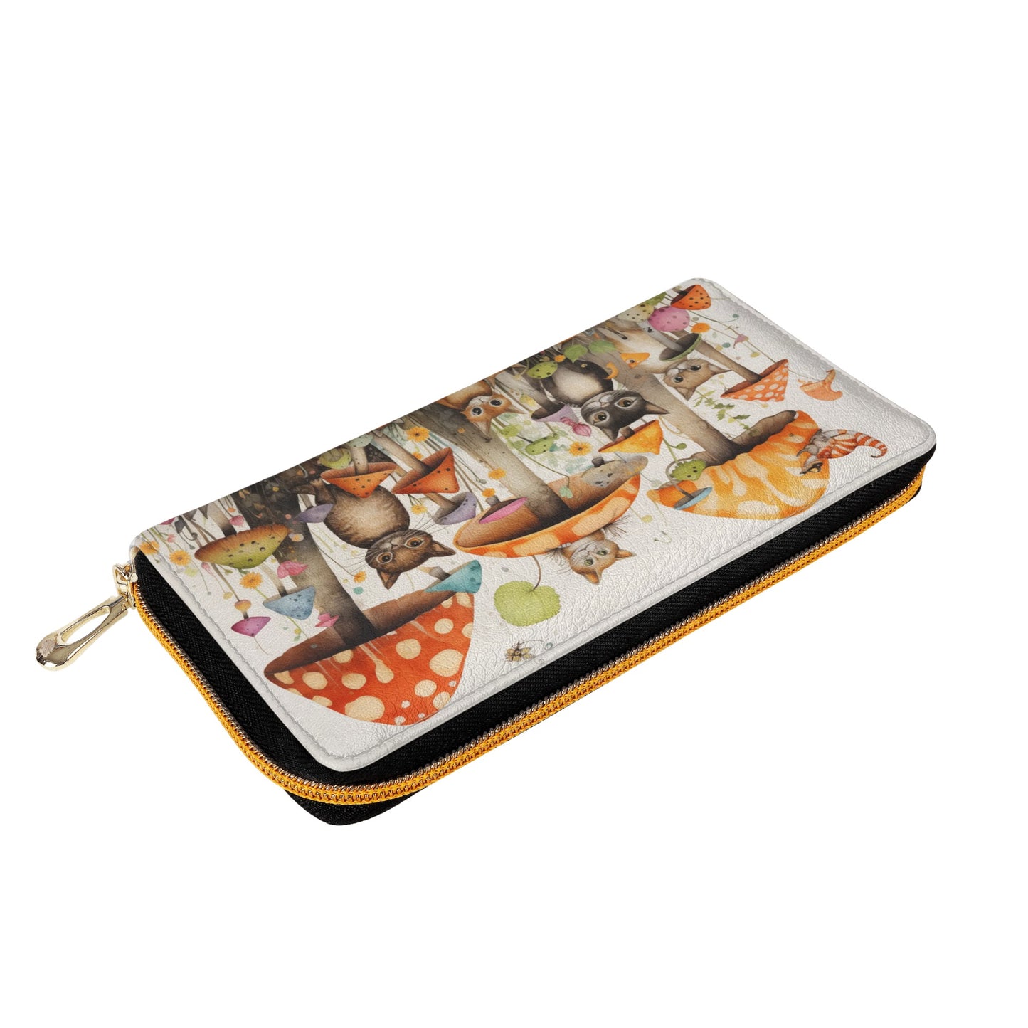 Cats Lounging in a Tranquil Mushroom and Flower Garden Leather Wallet (PU)