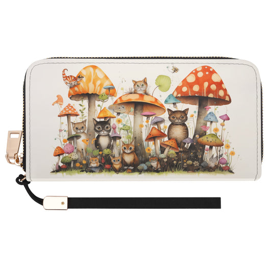 Cats Lounging in a Tranquil Mushroom and Flower Garden - Wristlet Wallet Leather (PU)