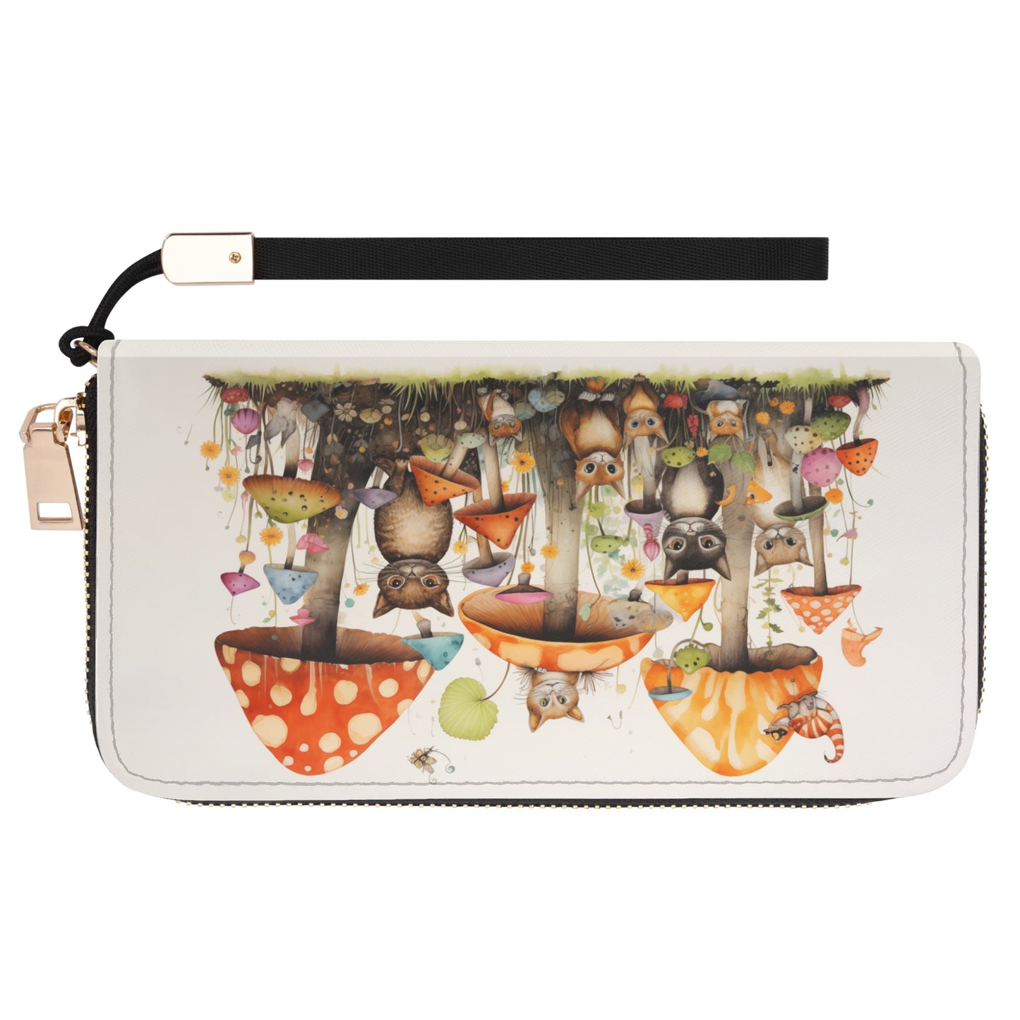 Cats Lounging in a Tranquil Mushroom and Flower Garden - Wristlet Wallet Leather (PU)