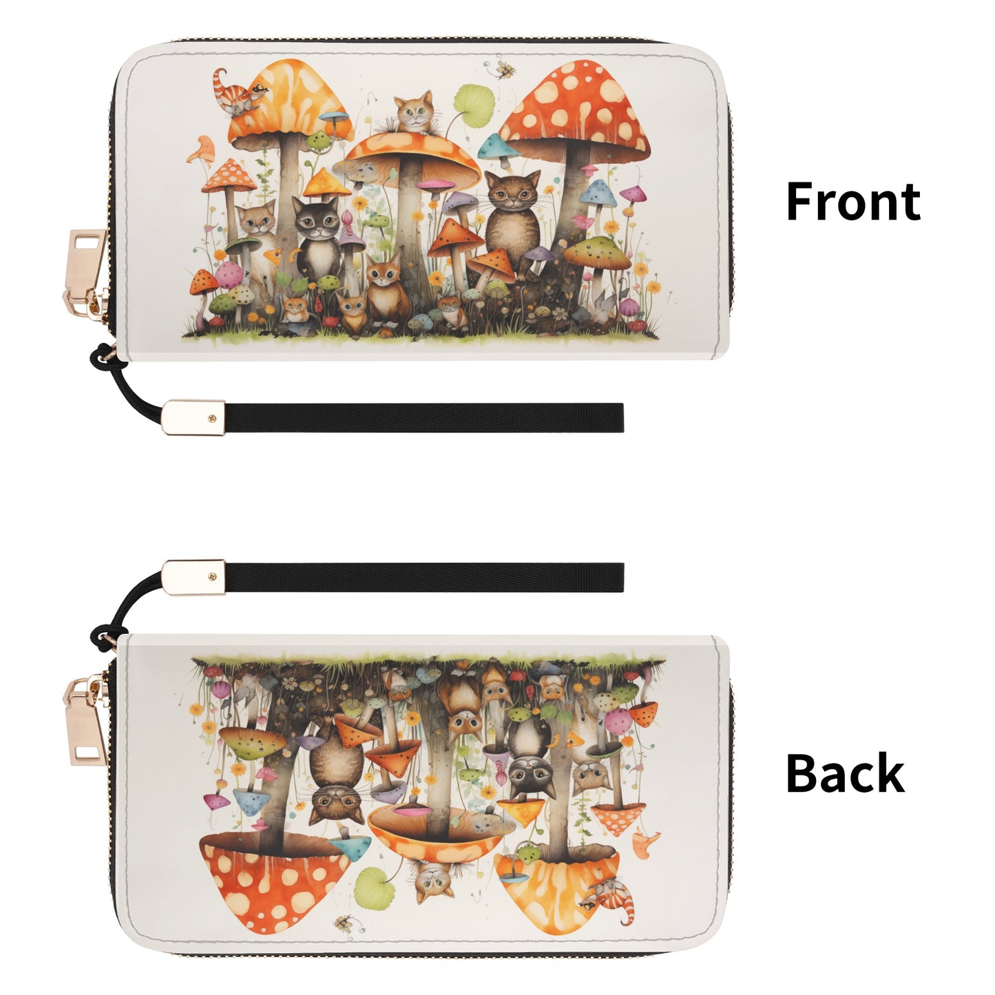 Cats Lounging in a Tranquil Mushroom and Flower Garden - Wristlet Wallet Leather (PU)