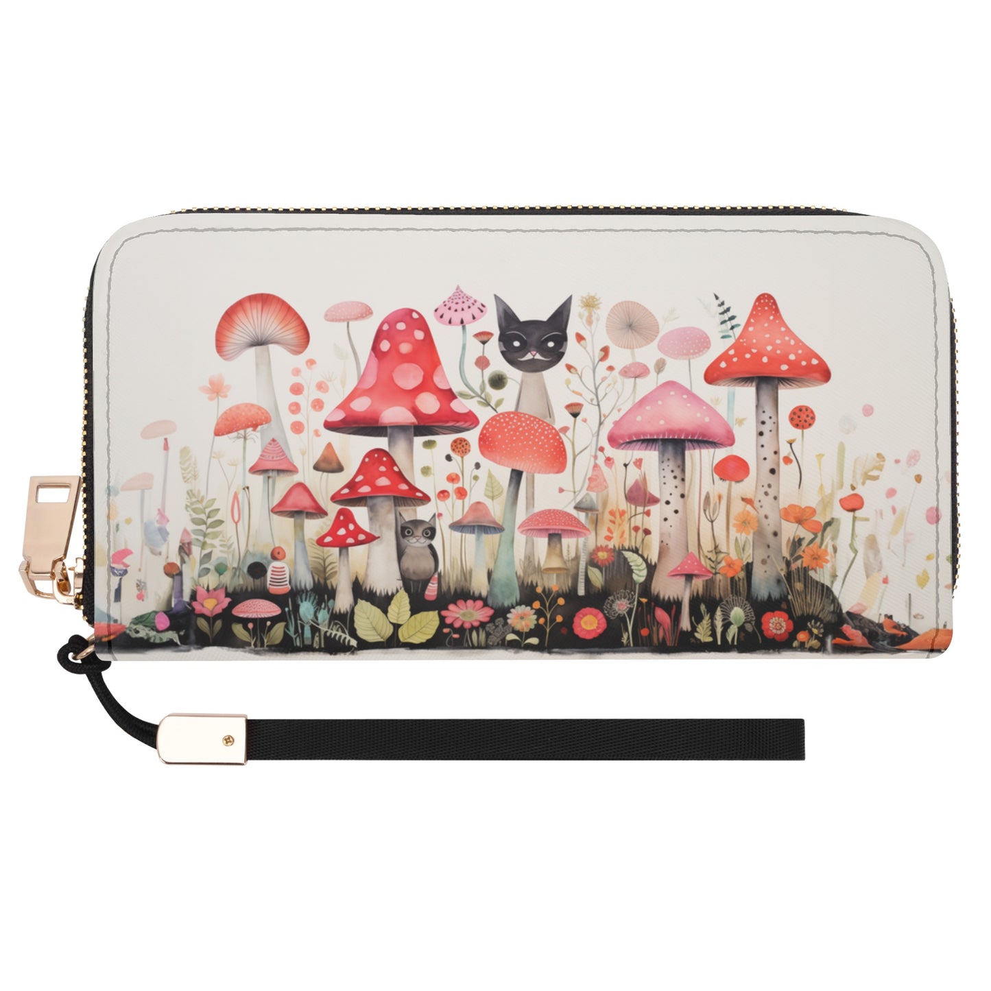 Cats Prowling Amongst the Mushroom Garden, Playfully Peering Over the Caps - Wristlet Wallet Leather (PU)