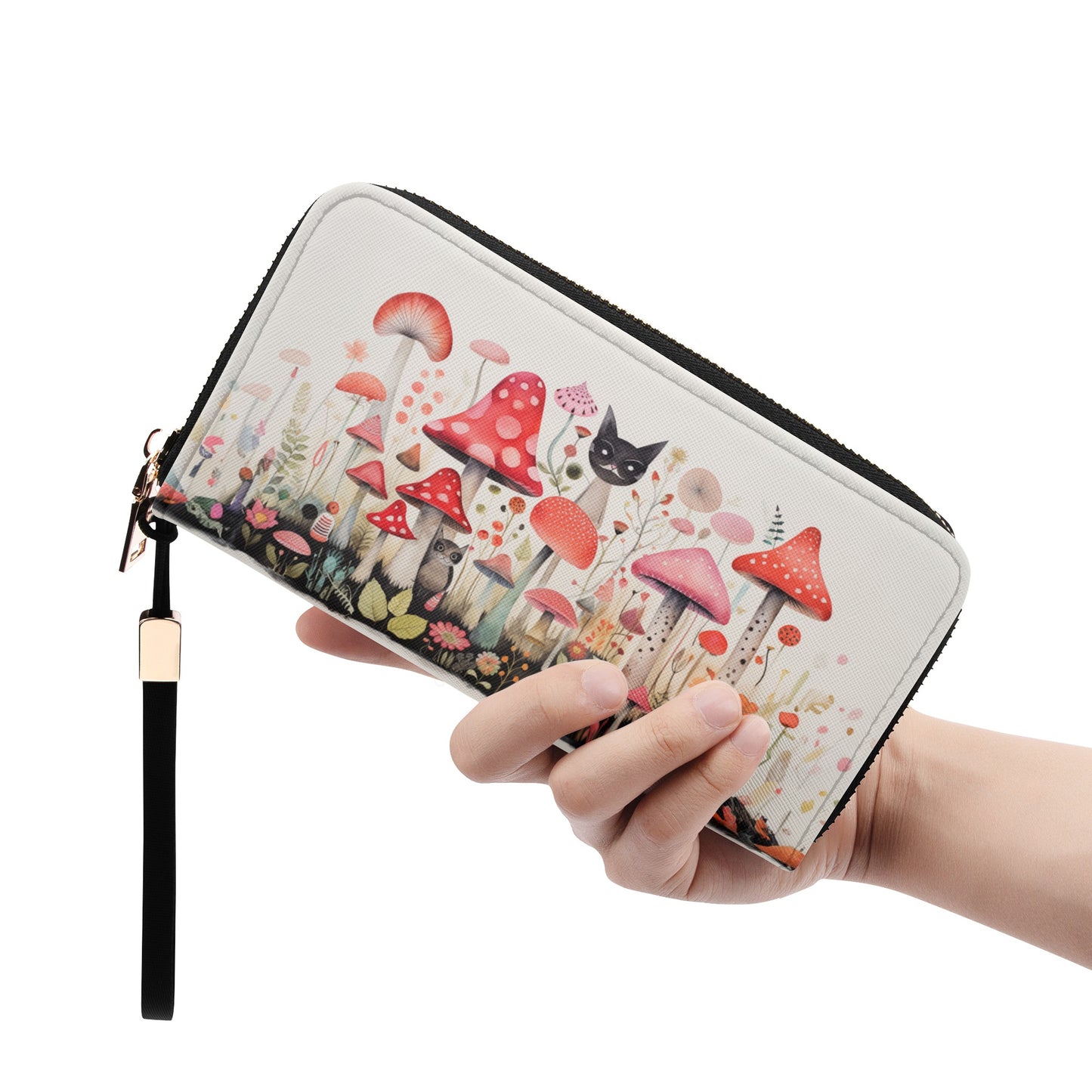 Cats Prowling Amongst the Mushroom Garden, Playfully Peering Over the Caps - Wristlet Wallet Leather (PU)