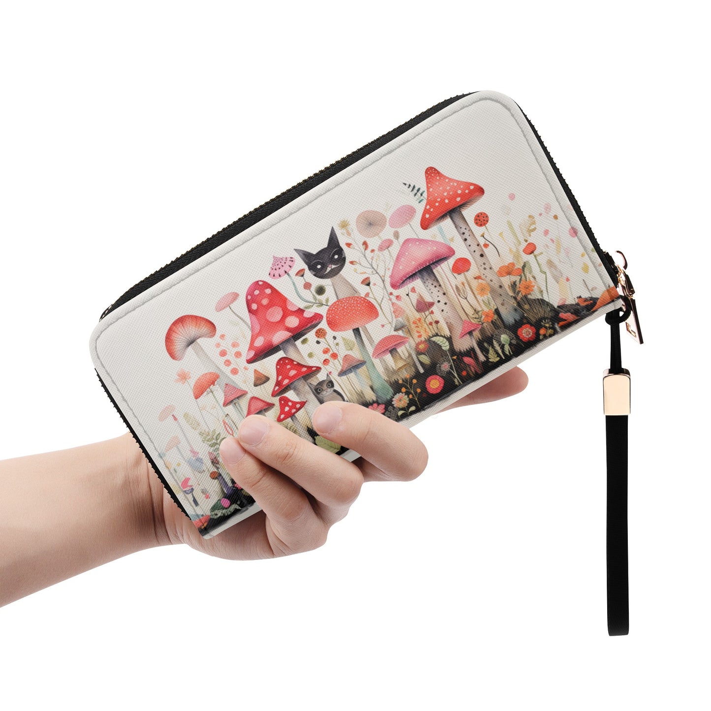 Cats Prowling Amongst the Mushroom Garden, Playfully Peering Over the Caps - Wristlet Wallet Leather (PU)