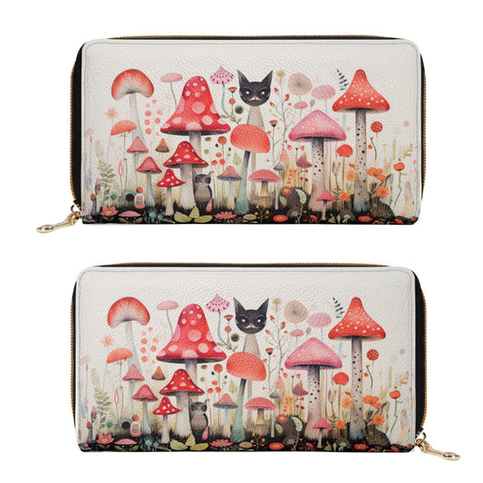 Cats Prowling Amongst the Mushroom Garden, Playfully Peering Over the Caps Leather Wallet (PU)