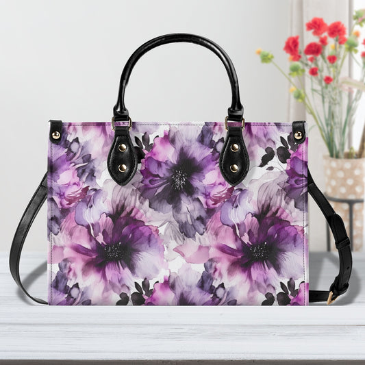 Regal Splendor: Large Purple and Grey Watercolor Flower Design Leather Handbag (PU) - 3 Sizes