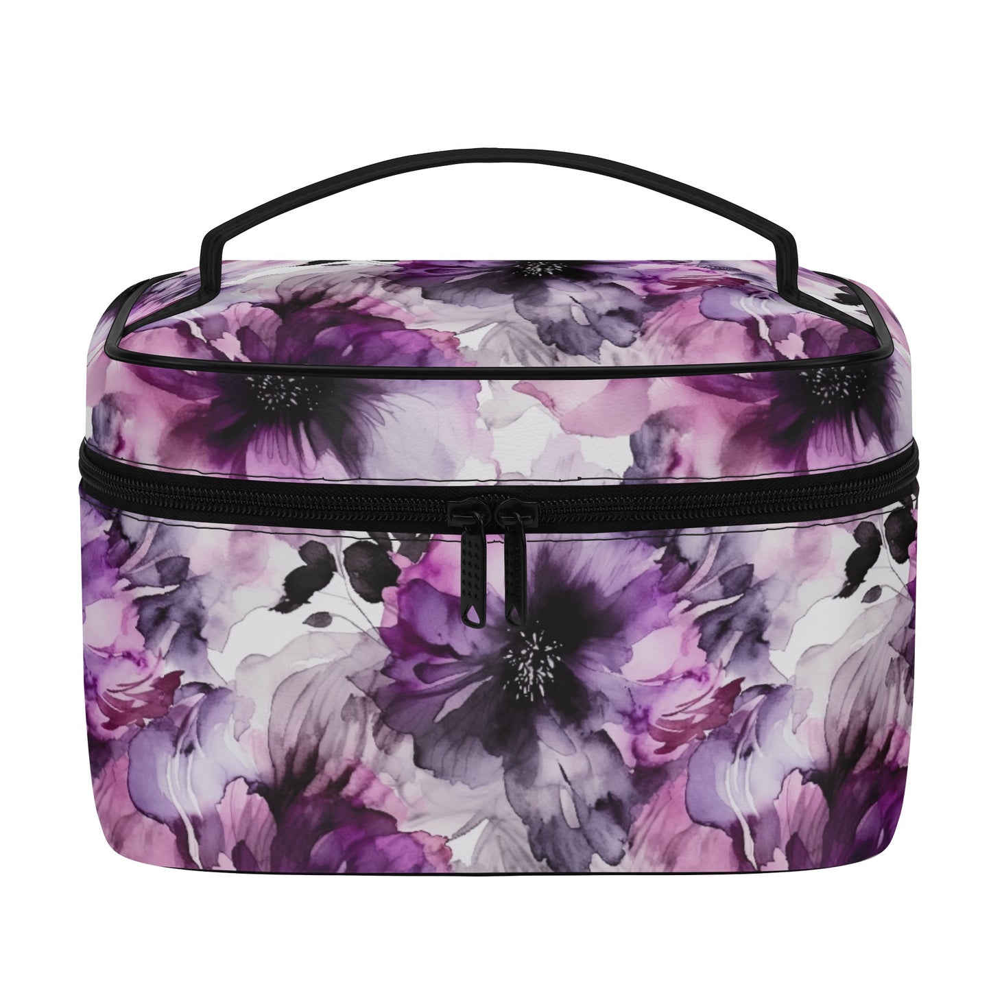 Regal Splendor: Large Purple and Grey Watercolor Flower Design - Cosmetic or Toiletry Bag Faux Leather (PU)