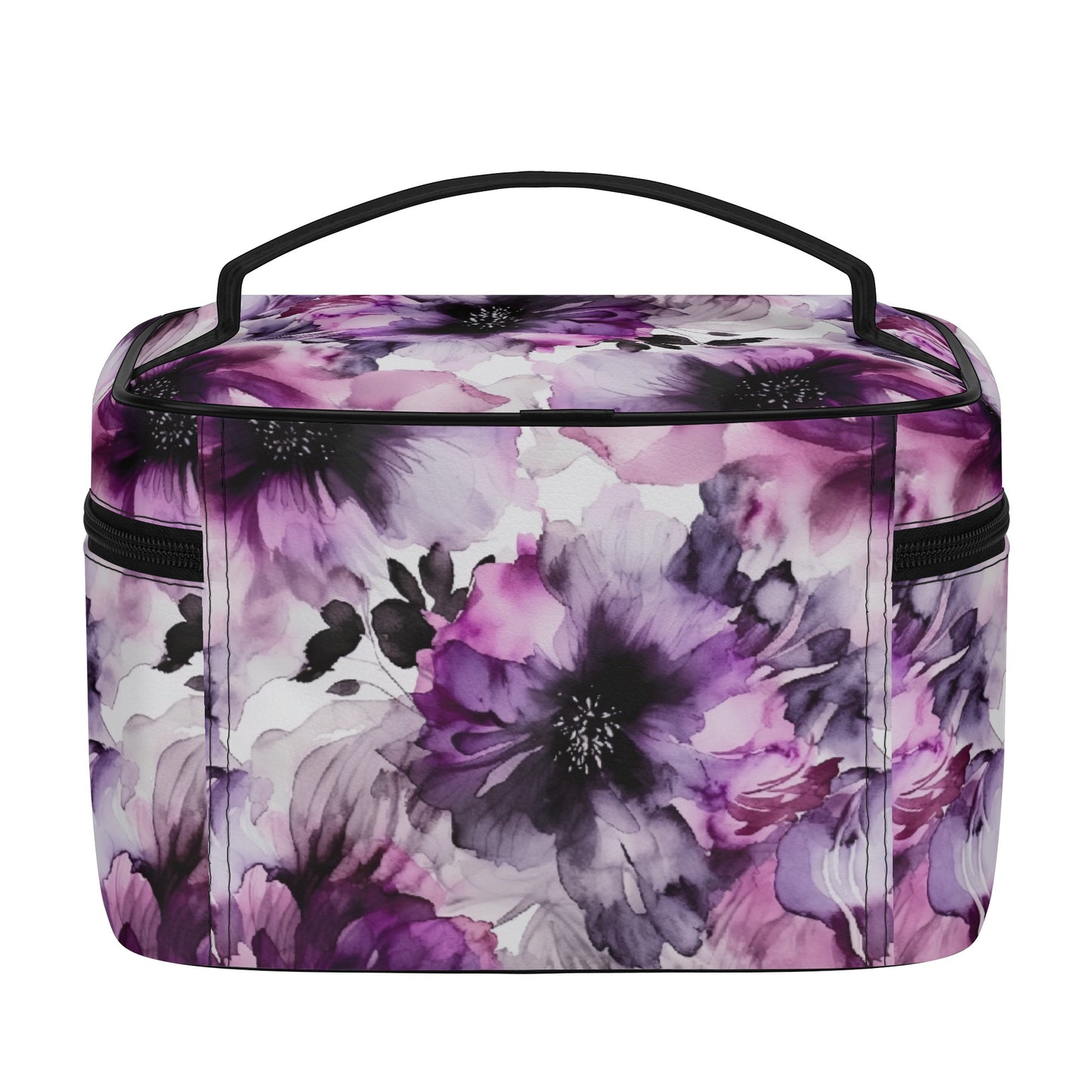 Regal Splendor: Large Purple and Grey Watercolor Flower Design - Cosmetic or Toiletry Bag Faux Leather (PU)