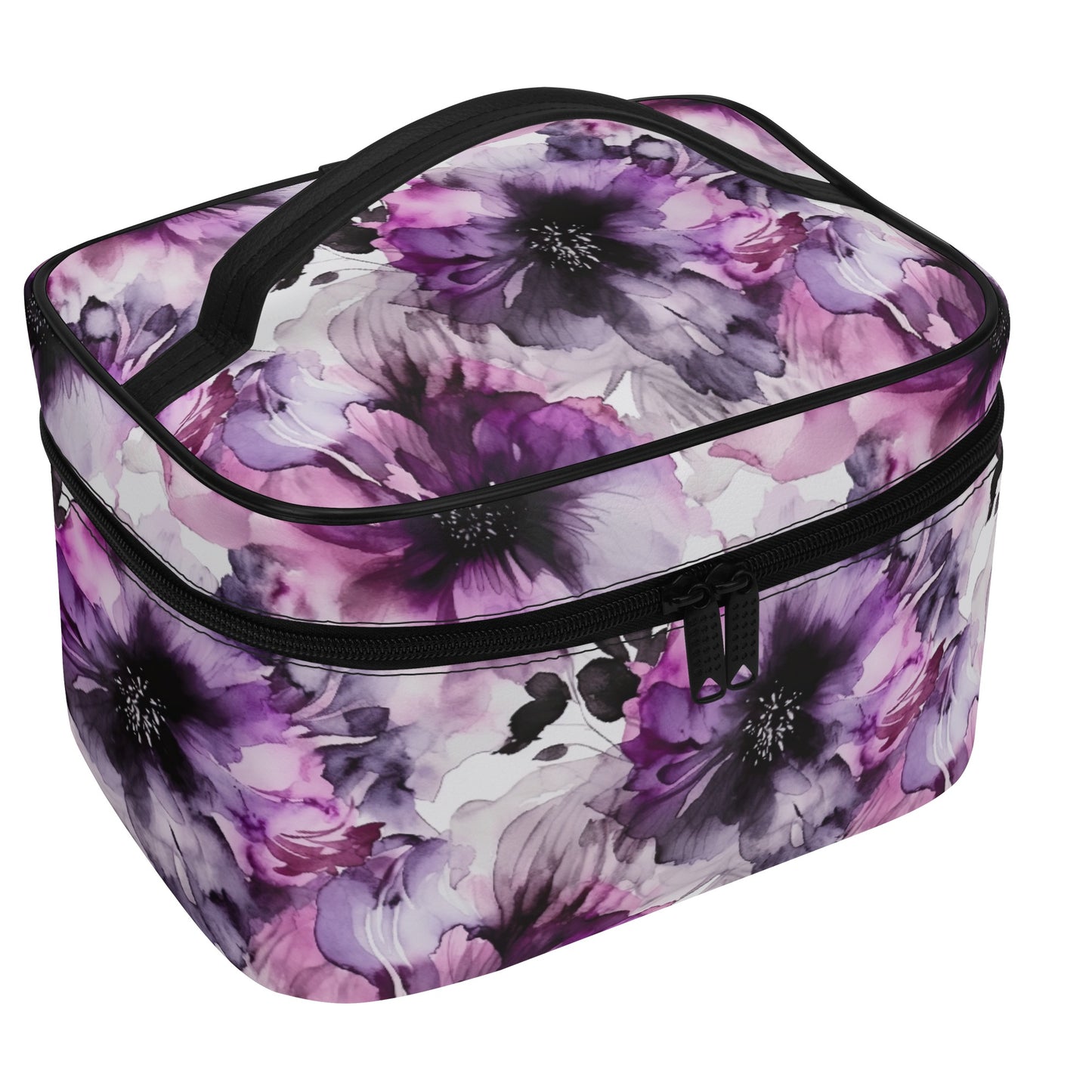 Regal Splendor: Large Purple and Grey Watercolor Flower Design - Cosmetic or Toiletry Bag Faux Leather (PU)