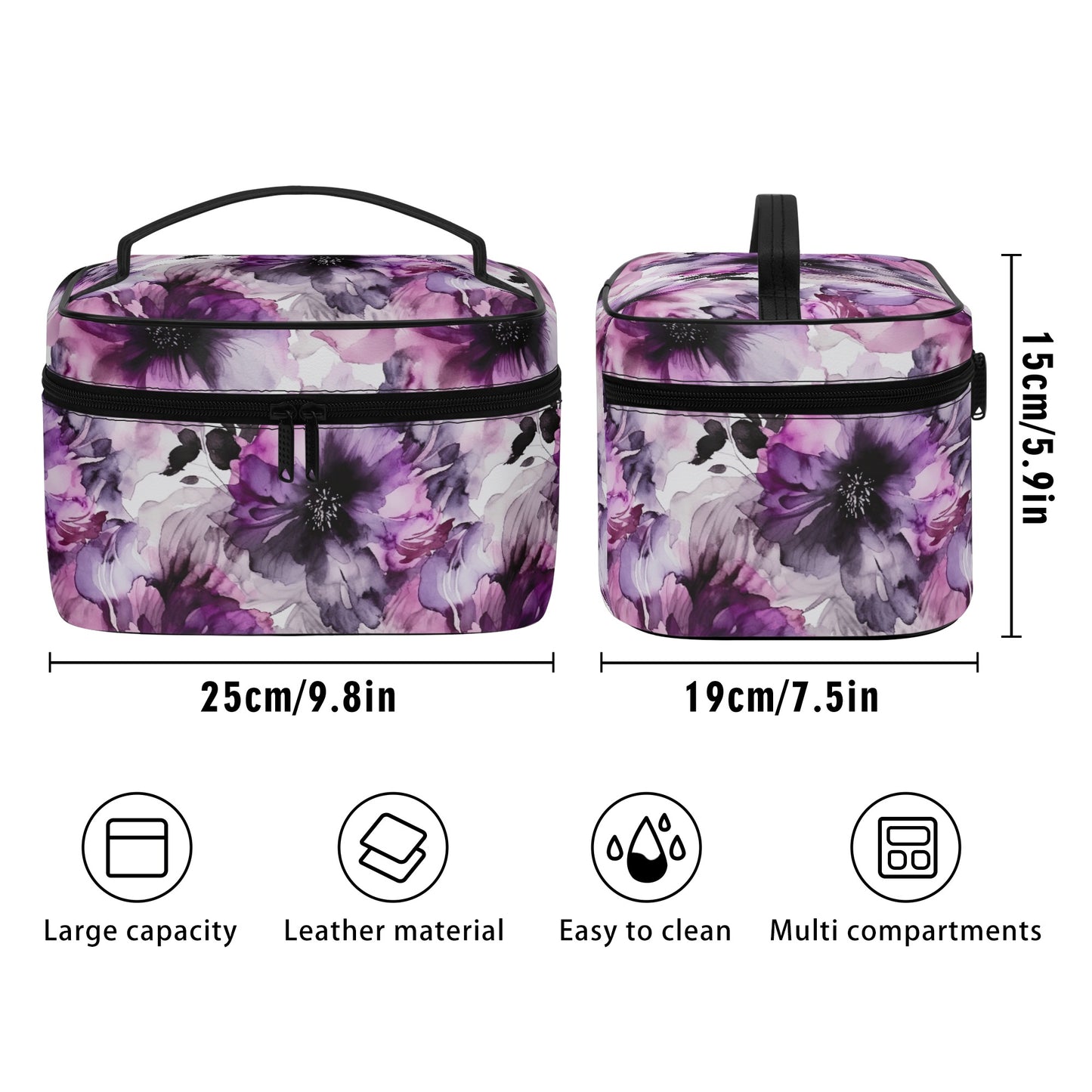 Regal Splendor: Large Purple and Grey Watercolor Flower Design - Cosmetic or Toiletry Bag Faux Leather (PU)