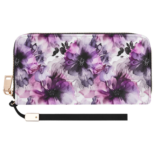 Regal Splendor: Large Purple and Grey Watercolor Flower Design - Wristlet Wallet Leather (PU)