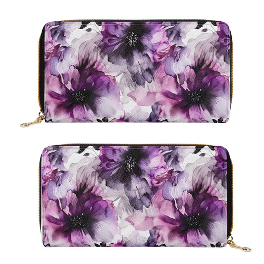 Regal Splendor: Large Purple and Grey Watercolor Flower Design Leather Wallet (PU)