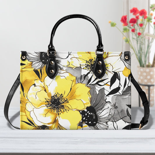 Soothing Radiance: Large Yellow and Grey Watercolor Flower Design Leather Handbag (PU) - 3 Sizes