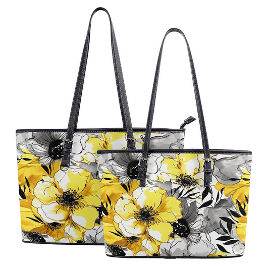 Soothing Radiance: Large Yellow and Grey Watercolor Flower Design Professional Tote Bag Faux Leather (PU) - 2 Sizes