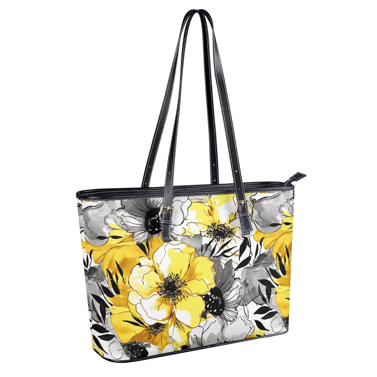 Soothing Radiance: Large Yellow and Grey Watercolor Flower Design Professional Tote Bag Faux Leather (PU) - 2 Sizes