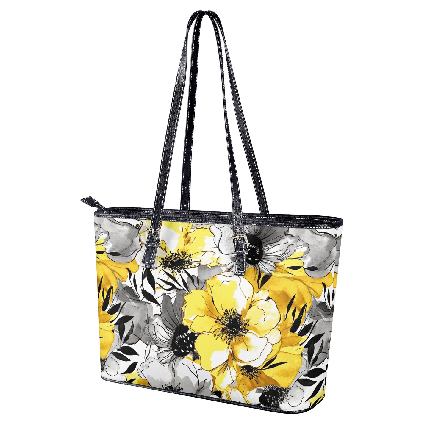 Soothing Radiance: Large Yellow and Grey Watercolor Flower Design Professional Tote Bag Faux Leather (PU) - 2 Sizes