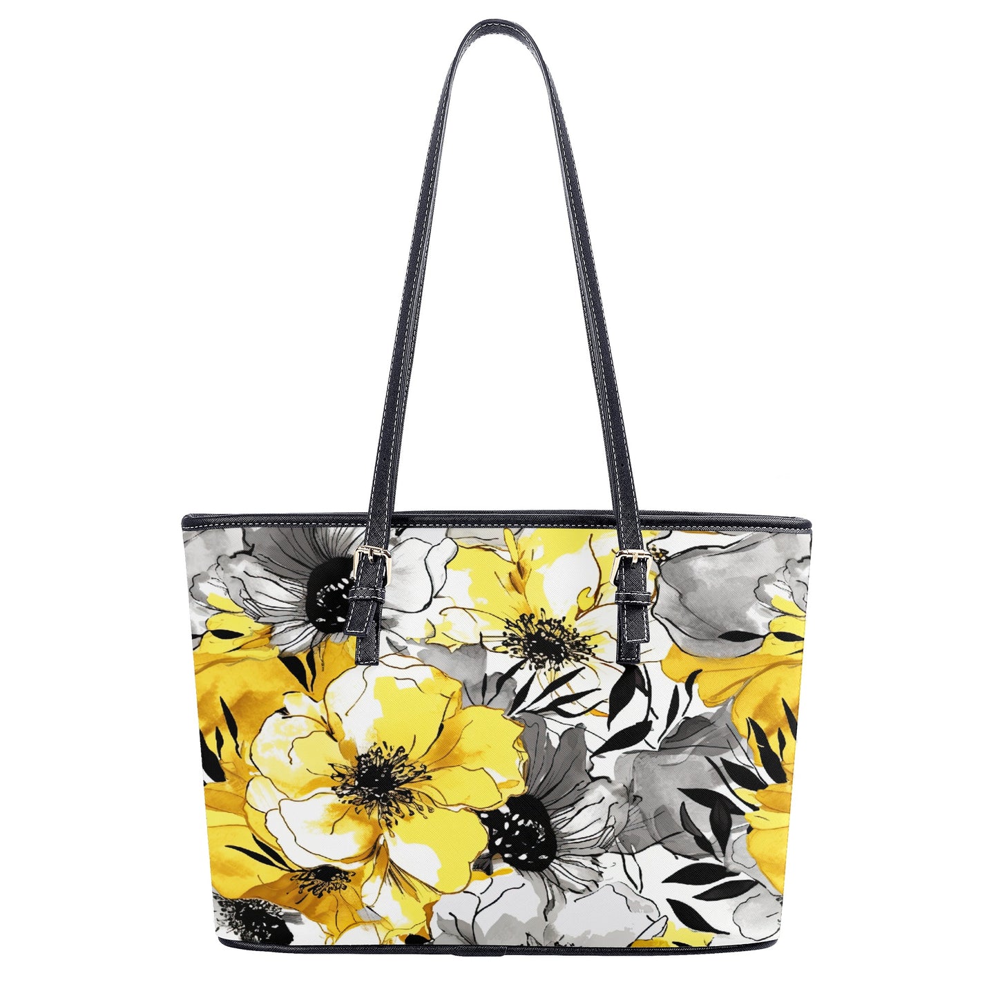 Soothing Radiance: Large Yellow and Grey Watercolor Flower Design Professional Tote Bag Faux Leather (PU) - 2 Sizes