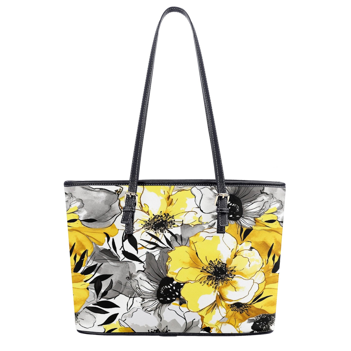 Soothing Radiance: Large Yellow and Grey Watercolor Flower Design Professional Tote Bag Faux Leather (PU) - 2 Sizes