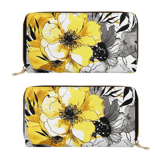 Soothing Radiance: Large Yellow and Grey Watercolor Flower Design Leather Wallet (PU)