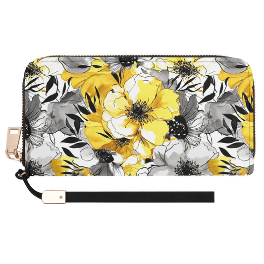 Soothing Radiance: Large Yellow and Grey Watercolor Flower Design - Wristlet Wallet Leather (PU)