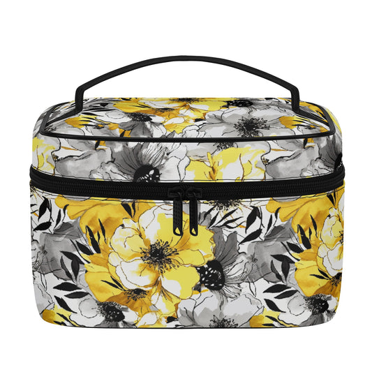 Soothing Radiance: Large Yellow and Grey Watercolor Flower Design - Cosmetic or Toiletry Bag Faux Leather (PU)