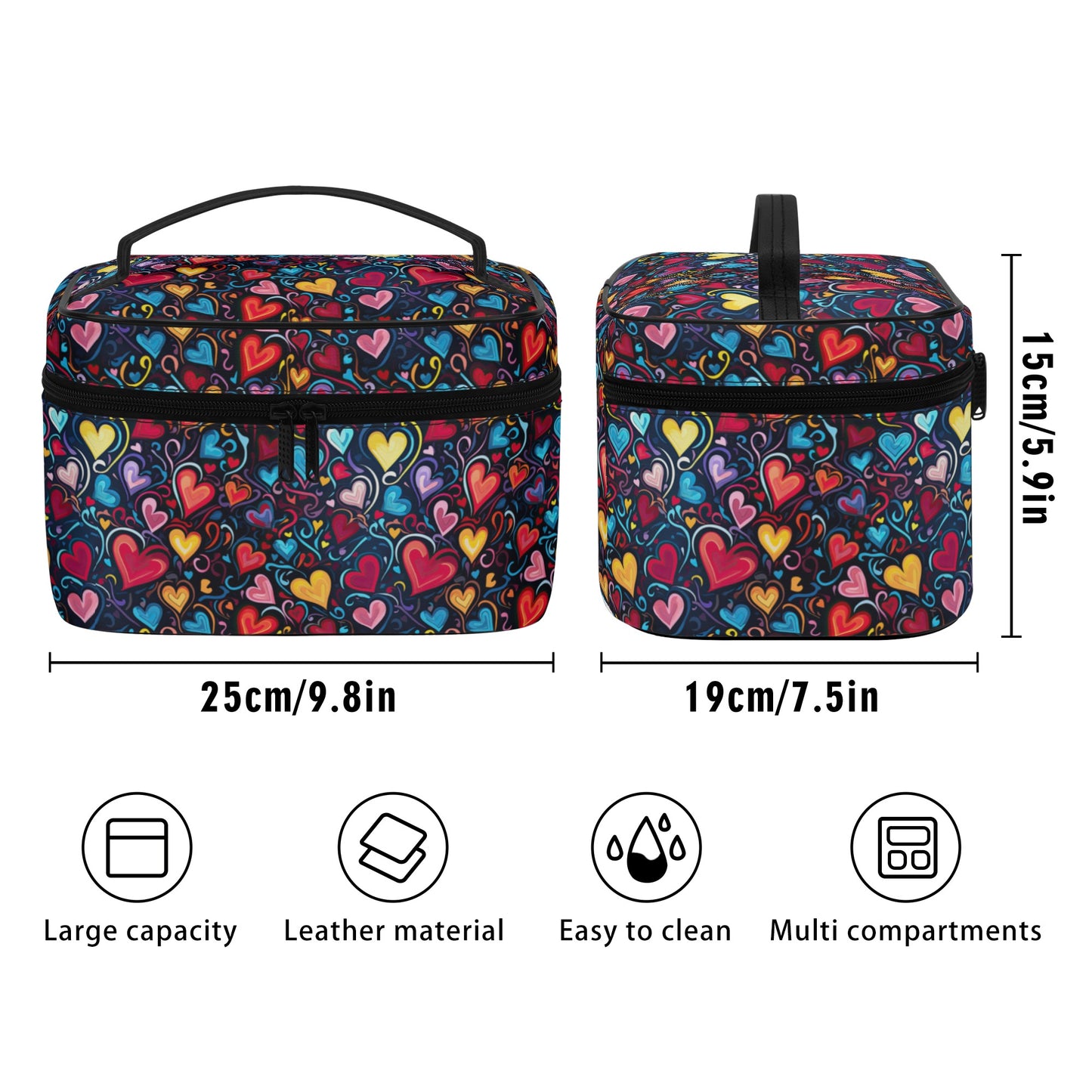 Whimsical Colorful Heart Design - Cosmetic or Toiletry Bag Faux Leather (PU)