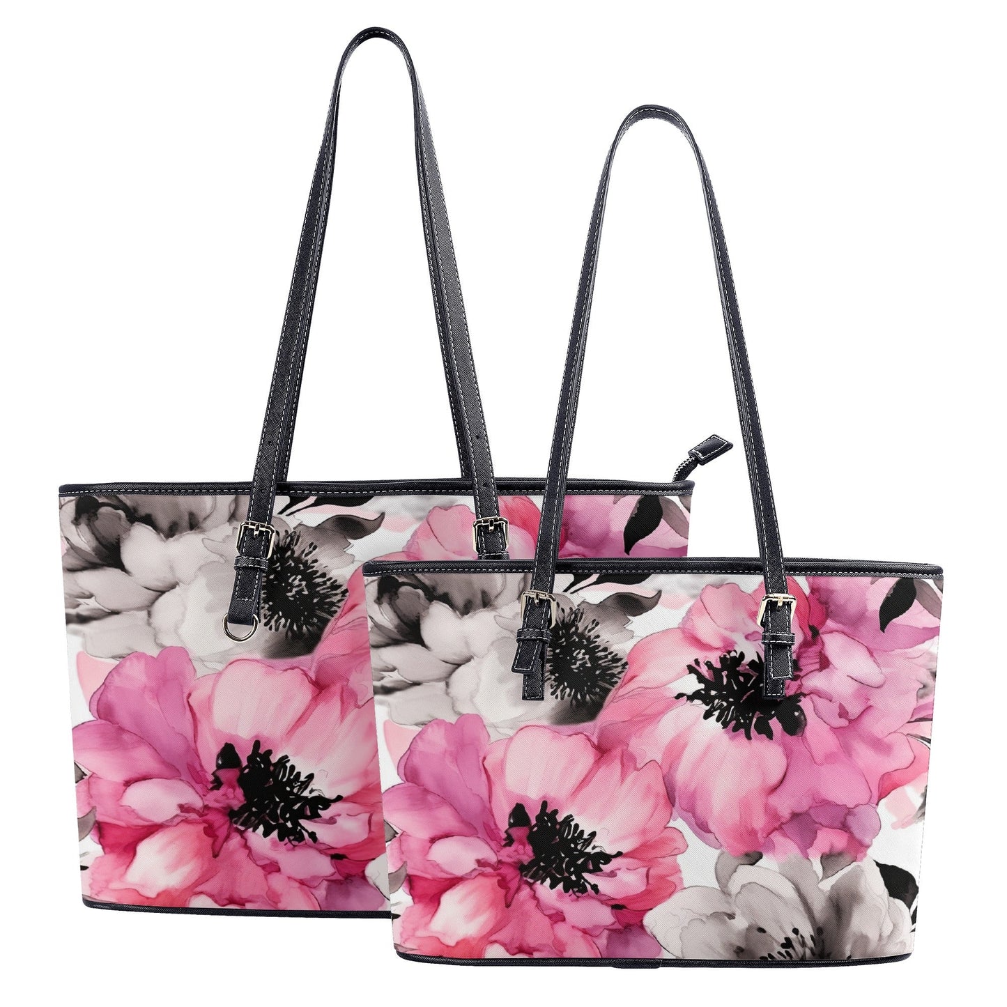 Graceful Elegance: Large Pink and Grey Watercolor Flower Design Professional Tote Bag Faux Leather (PU) - 2 Sizes