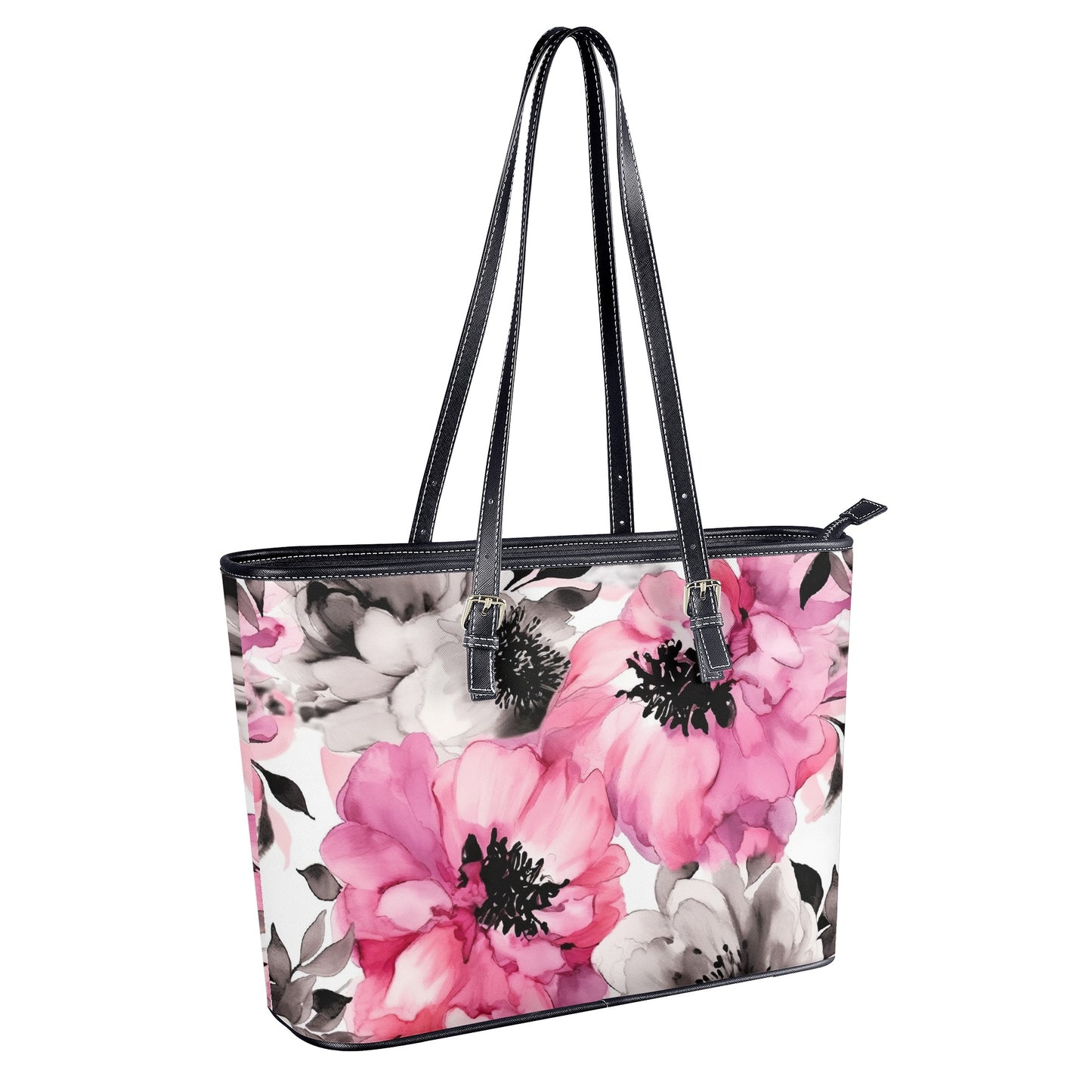 Graceful Elegance: Large Pink and Grey Watercolor Flower Design Professional Tote Bag Faux Leather (PU) - 2 Sizes