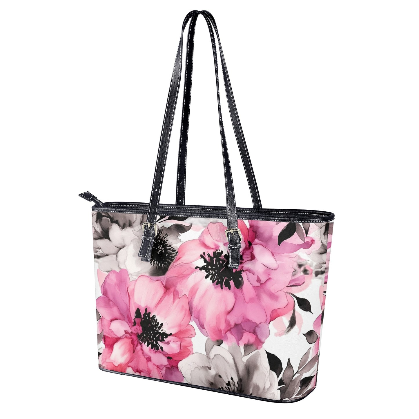 Graceful Elegance: Large Pink and Grey Watercolor Flower Design Professional Tote Bag Faux Leather (PU) - 2 Sizes