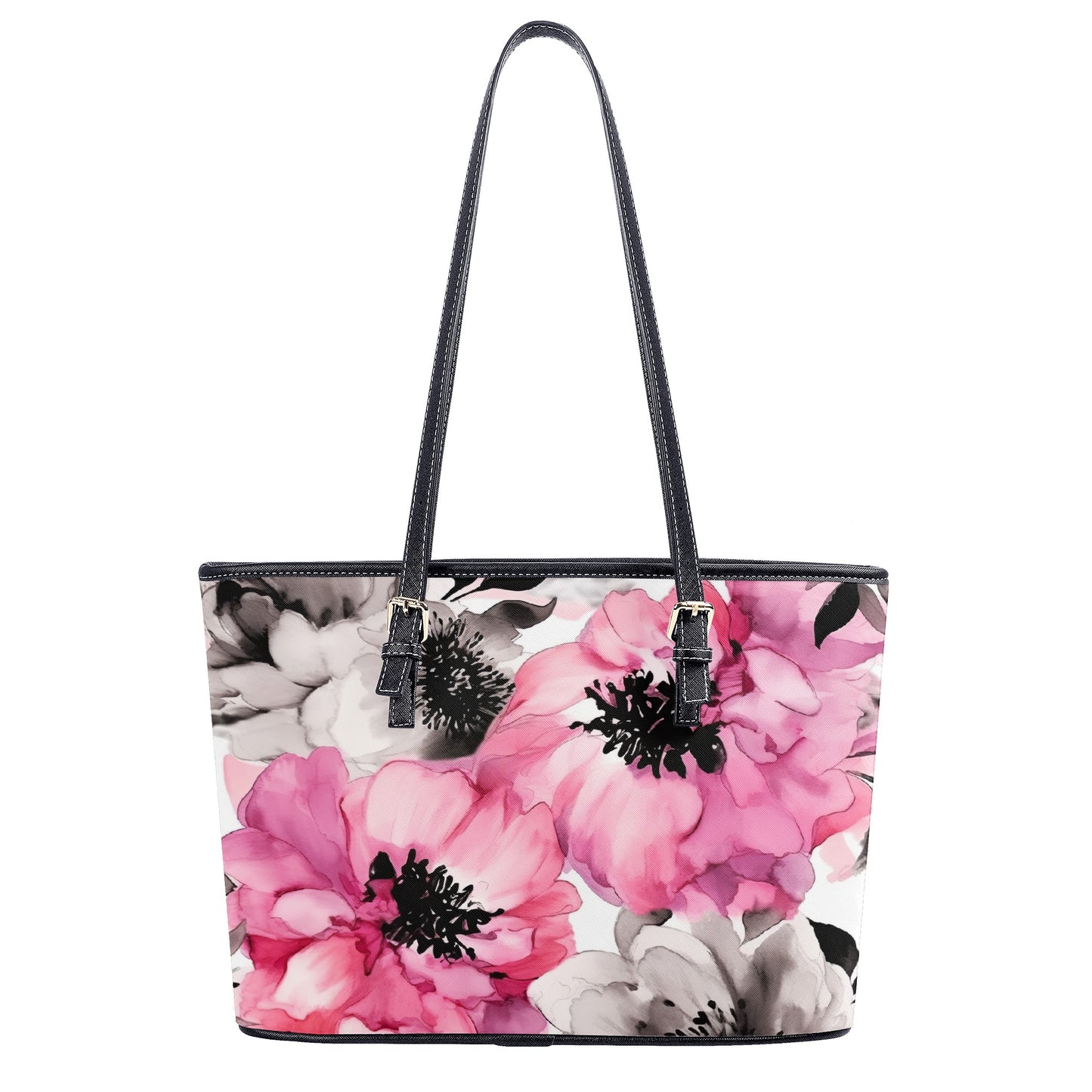 Graceful Elegance: Large Pink and Grey Watercolor Flower Design Professional Tote Bag Faux Leather (PU) - 2 Sizes