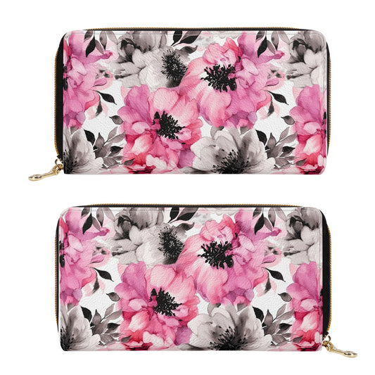 Graceful Elegance: Large Pink and Grey Watercolor Flower Design Leather Wallet (PU)