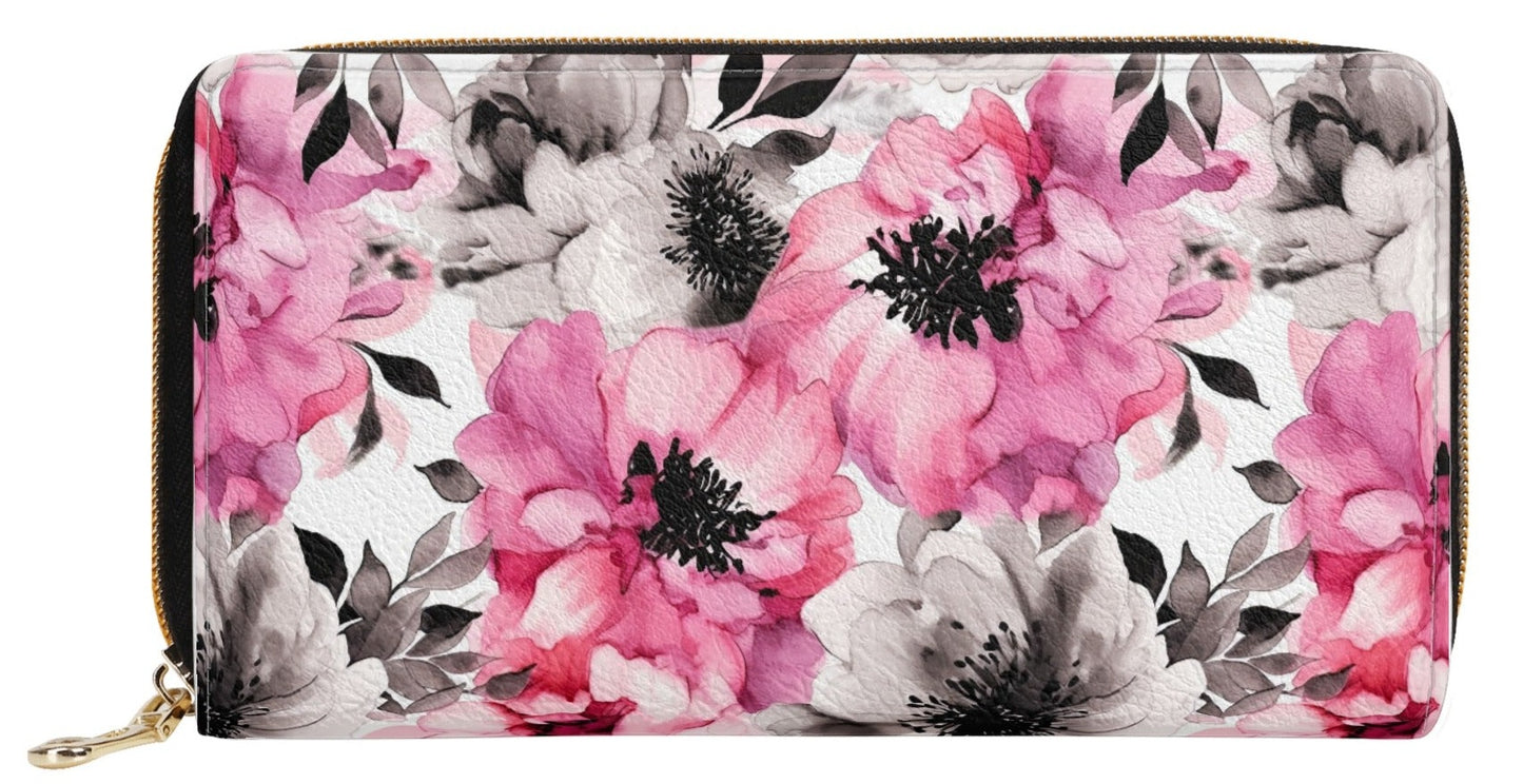 Graceful Elegance: Large Pink and Grey Watercolor Flower Design Leather Wallet (PU)