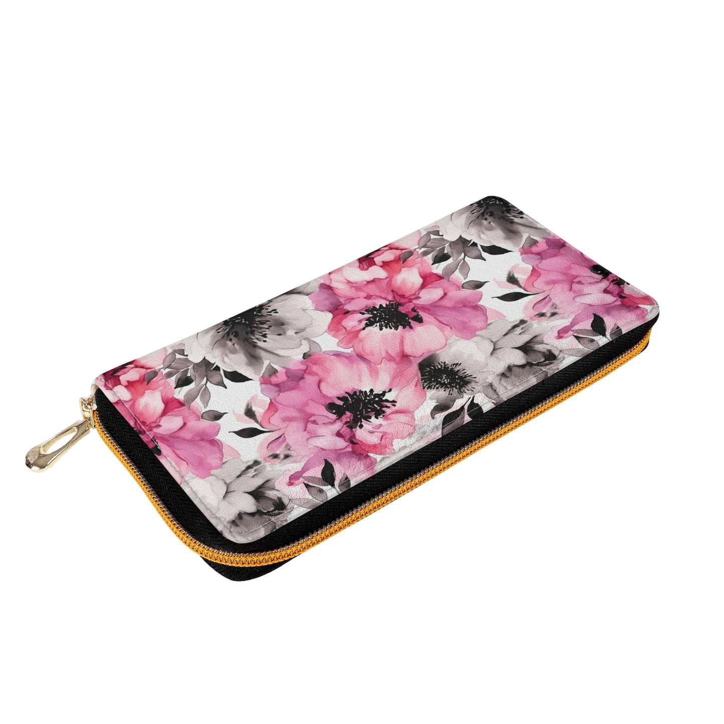 Graceful Elegance: Large Pink and Grey Watercolor Flower Design Leather Wallet (PU)